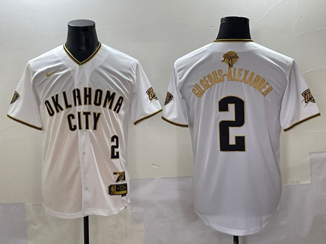 Men's Oklahoma City Thunder #2 Shai Gilgeous-Alexander White/Gold 2025 Finals Vapor Stitched Baseball Jersey